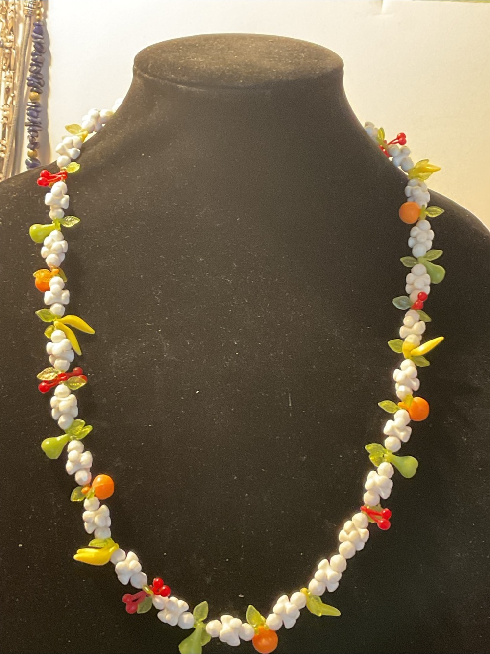 Vintage Plastic Fruit Floral Bead Necklace with Orange, Yellow & Green Accents